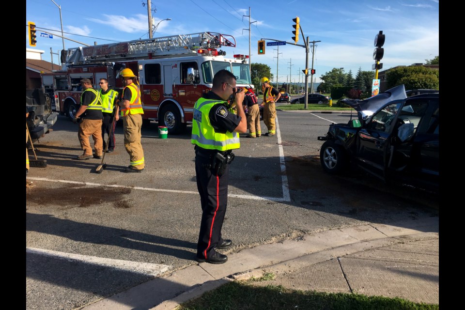 Three people were taken to the hospital with non-life threatening injuries after a three-car collision at the intersection of Second Line West and Farwell Terrace Thursday evening. Photo by Jeff Klassen for SooToday