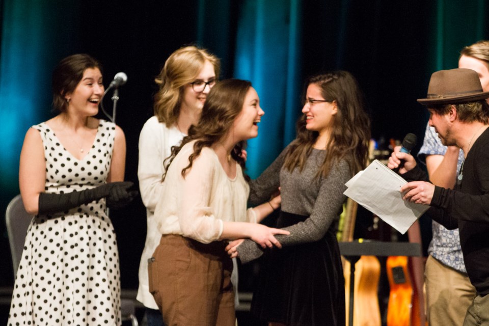 Juliana Regan and Mallory Hurley tied to win the Soo Youth Songwriter's Contest at the Kiwanis Community Theatre Centre on Thursday, April 20, 2017. Donna Hopper/SooToday