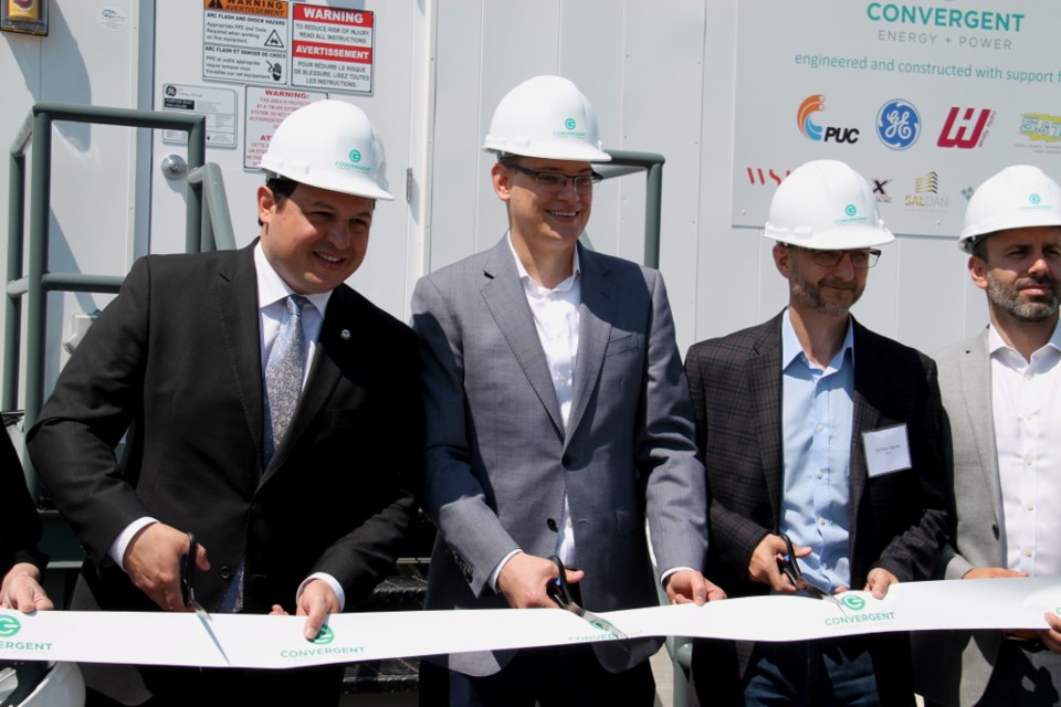 Sault Mayor Christian Provenzano with Convergent Energy and Power officials at Convergent's soon-to-open energy storage facility in Sault Ste. Marie on July 19. Darren Taylor/SooToday
