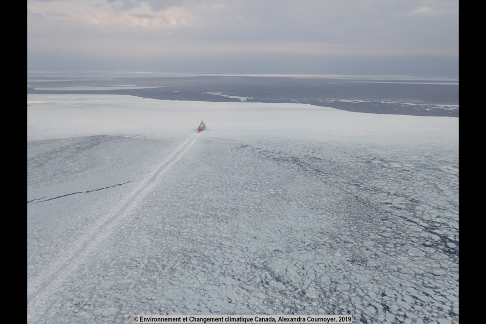 Canadian Coast Guard Ship Pierre Radisson breaks through the ice Saturday to reach Midland Harbour on southern Georgian Bay. This medium icebreaker is home ported in Quebec City. It spends its winters icebreaking in central Canada and its summers in the Arctic, escorting ships in the annual resupply of Northern communities. There are 38 officers and crew on board. Environment and Climate Change Canada/Supplied photo