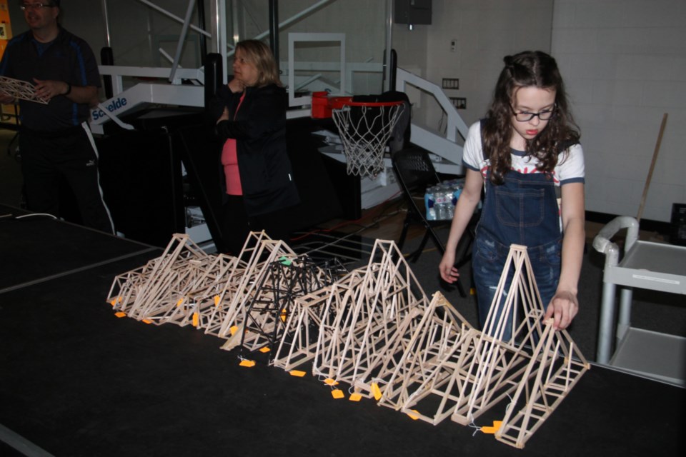 The annual bridge building contest for local elementary and secondary school students was held at the Sault College gymnasium in a joint venture between the college and the Professional Engineers of Ontario (PEO), May 11, 2019. Darren Taylor/SooToday