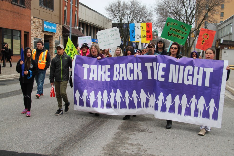 Approximately 35 people took part in the annual Take Back the Night March, starting from the Phoenix Rising Women's Centre and ending with a gathering at Sault Ste. Marie’s Fire Station 1, May 16, 2019. Darren Taylor/SooToday  