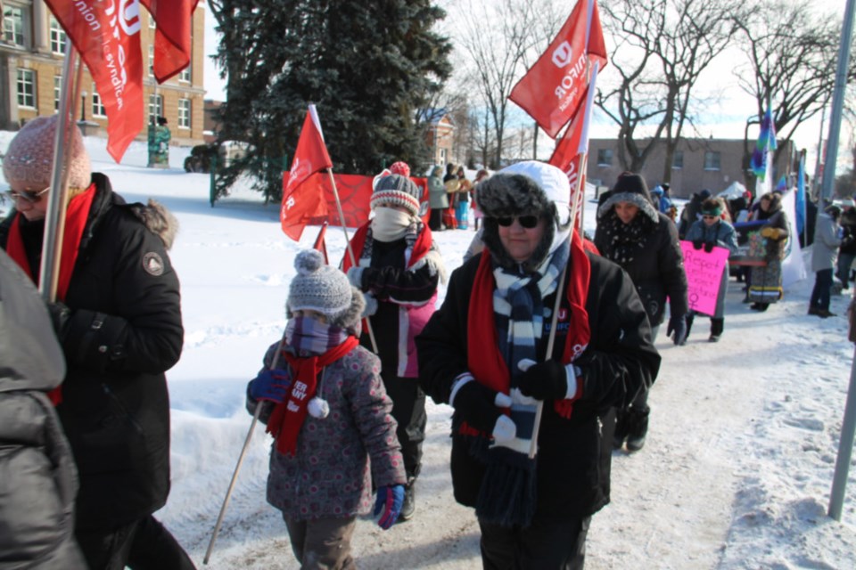 Women and men, representing several groups and causes, gathered at the Sault Ste. Marie Courthouse Saturday afternoon for a series of brief speeches, followed by a walk through the downtown core for the first Women's March for social justice. Darren Taylor/SooToday