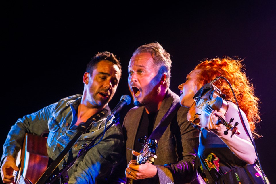 Mike Ross, Andrew Penner and Miranda Mulholland perform during 'Riverboat Coffee House: The Yorkville Scene', a Soulpepper production presented by the Algoma Fall Festival at The Machine Shop on Saturday, Oct. 21, 2017. Donna Hopper/SooToday