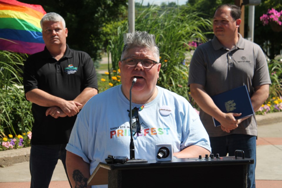 Susan Rajamaki, Sault Pride committee chair, delivers a speech at the beginning of the Sault’s sixth annual Pridefest on July 21, 2019. Darren Taylor/SooToday