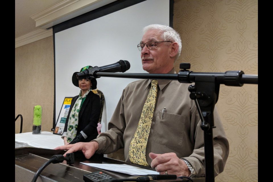 Jim Graham, of the Elliot Lake Amateur Theatre Ensemble (ELATE) drama group, thanks the audience for their support after the group’s theatre home in Elliot Lake collapsed in February, speaking at the 2019 QUONTA Drama Festival awards, March 17, 2019. Darren Taylor/SooToday 