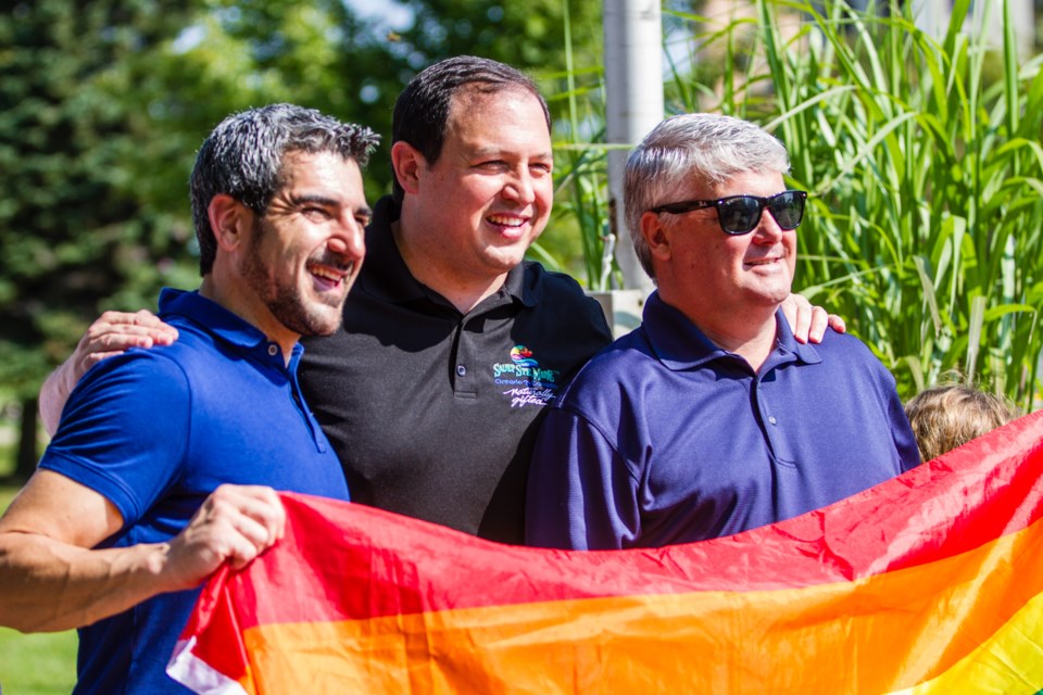 MPP Ross Romano, Mayor Christian Provenzano, and MP Terry Sheehan following the annual Pride Flag Raising Ceremony at City Hall on Saturday, September 16, 2017. Donna Hopper/SooToday