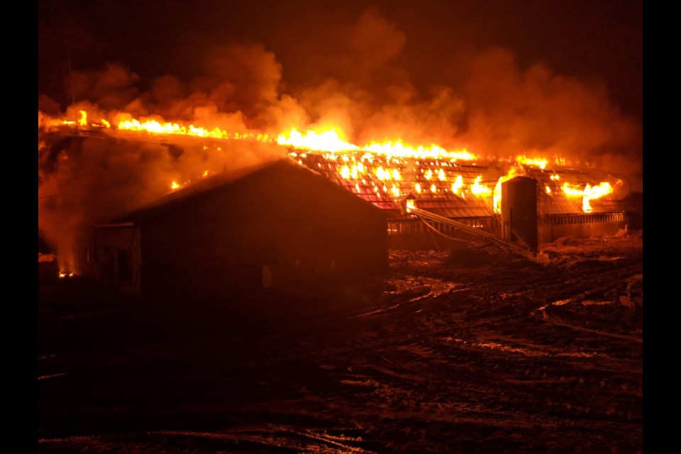 The main barn of Norland Farms burned to the ground in Laird Township during the early morning hours of Thursday, April 25. Photo supplied
