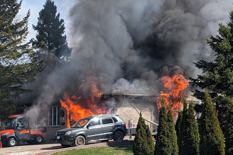 A SooToday reader captured this image of yesterday's fire before emergency crews arrived