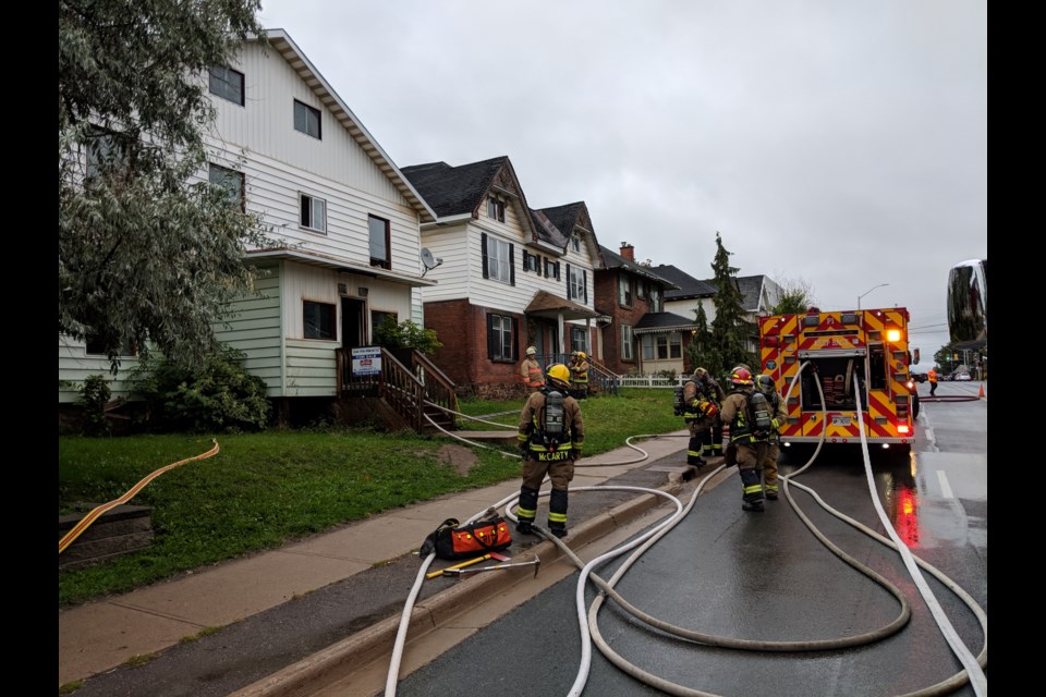 Sault Fire Services, police and EMS ambulances are at the scene of an apartment fire in the 700 block of Wellington Street E. Darren Taylor/SooToday