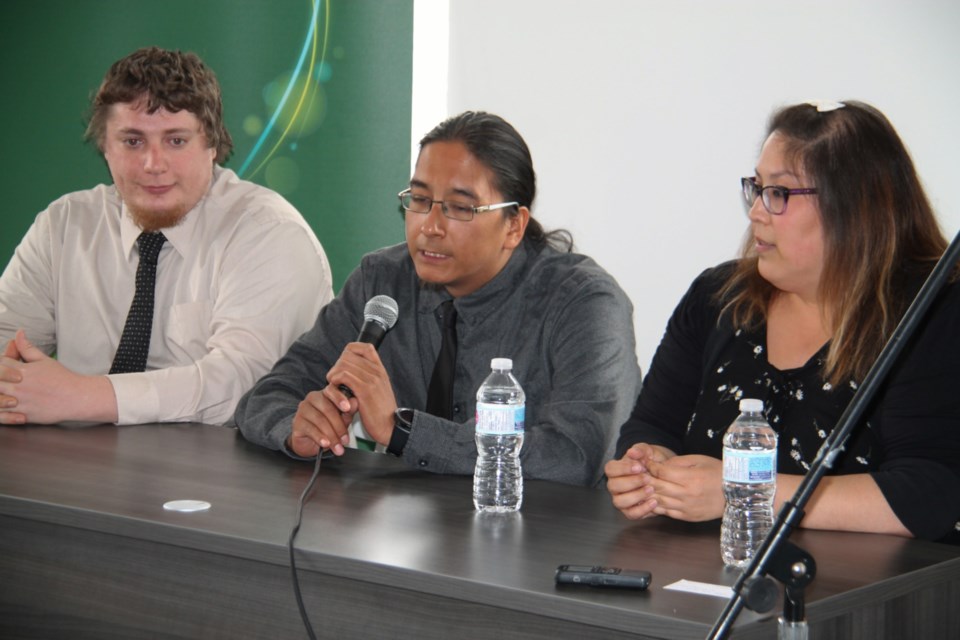 Kyle Sloss, Leon Kyle and Candice Tangie, PLATO software testing training graduates and newly hired PQA Testing employees, at a question and answer session during the official opening of PQA’s Sault Ste. Marie office, July 30, 2019. Darren Taylor/SooToday  