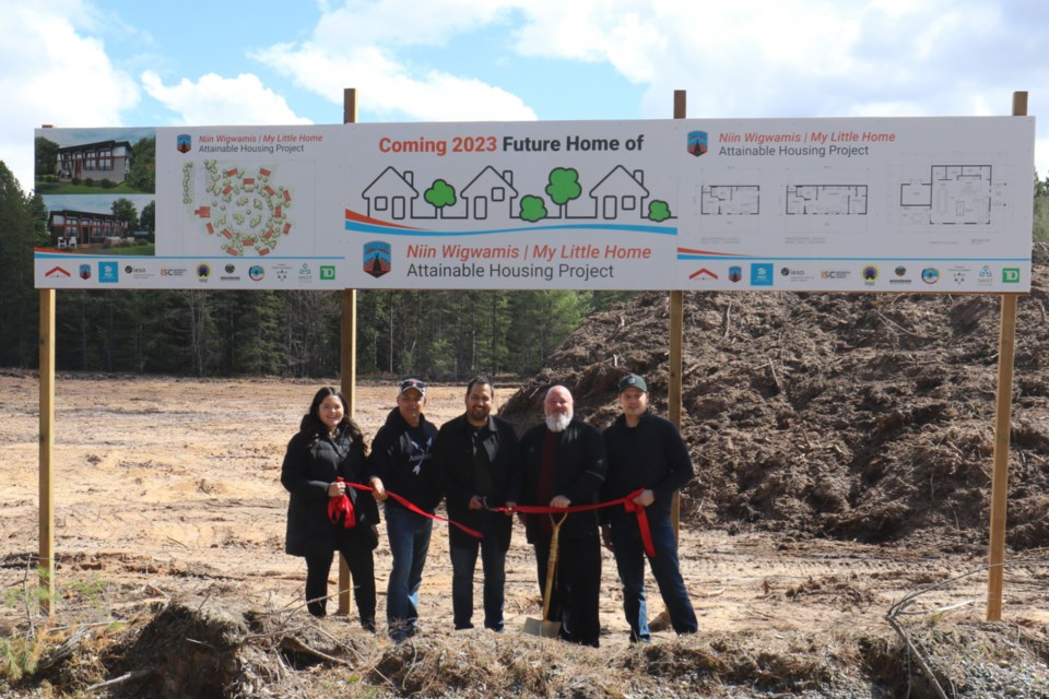 Garden River First Nation has cleared a parcel of land on Belleau Lake Road to make way for Niin Wigwamis/My Little Home, an attainable housing project that will see 14 tiny homes constructed this year in order to address ongoing housing shortages in the community. Left to right: Youth housing manager Sydney Nolan, councillor Dan Tice, Garden River First Nation Chief Andy Rickard, councillor Chris Thibodeau and councillor Trevor Solomon. 