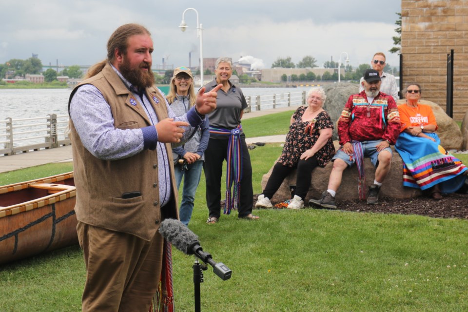 Métis Nation of Ontario Region 4 Councillor Mitch Case speaks during the launch of Métis Tours, a new eco-tourism venture that will teach participants about Métis history in Sault Ste. Marie through walking and paddling tours downtown.  