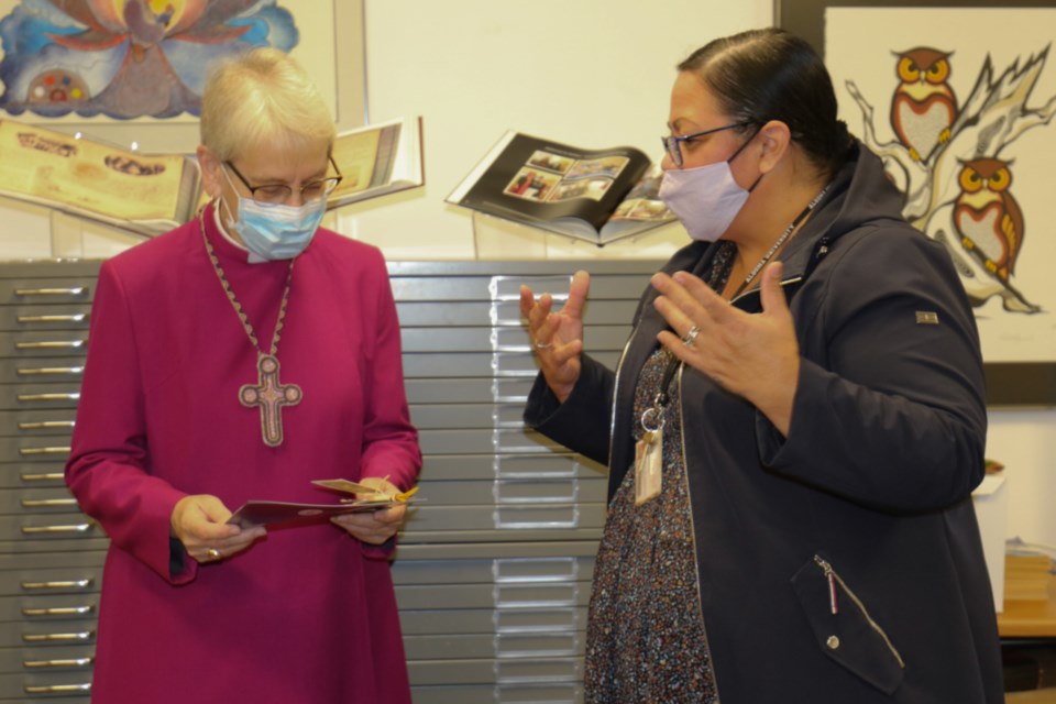Anglican Church of Canada Primate Linda Nicholls, left, meets with Shingwauk Residential Schools Centre Director Elizabeth Edgar-Webkamigad during the church leader's tour of the Shingwauk site Saturday. James Hopkin/SooToday