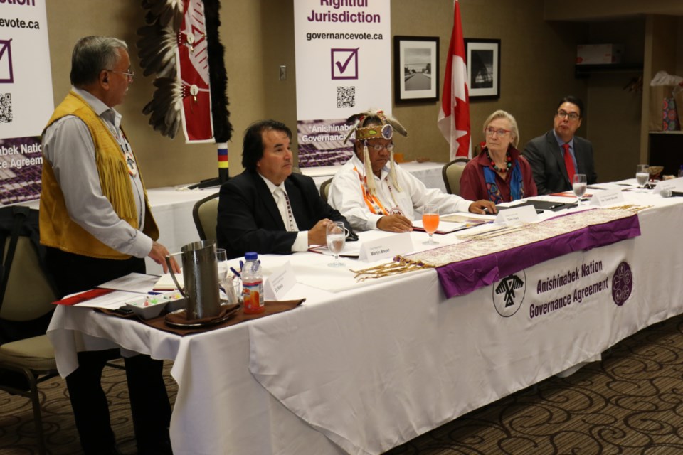Left to right: Anishinabek Nation Regional Grand Council Chief (Northern Superior Region) Ed Wawia, Anishinabek Nation Chief Negotiator Martin Bayer, Anishinabek Nation Grand Council Chief Glen Hare, Crown-Indigenous Relations Minister Carolyn Bennett and federal negotiator Murray Pridham. James Hopkin/SooToday