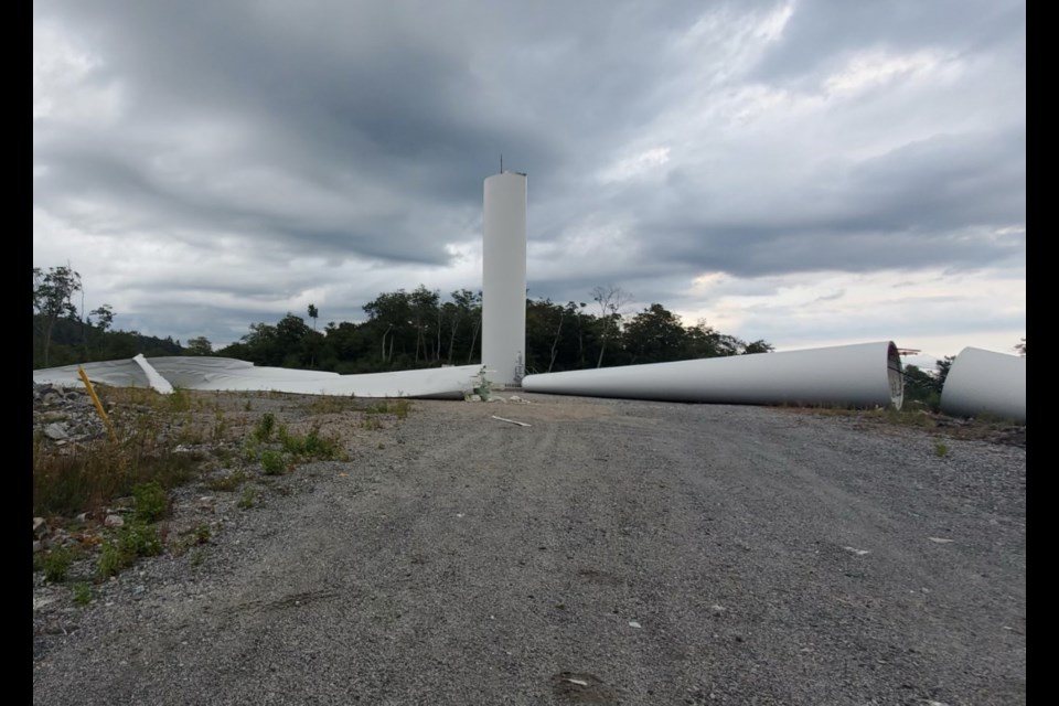 A turbine at Bow Lake Wind Farm north of Sault Ste. Marie collapsed Aug. 28. BluEarth says the other turbines have been taken offline as a precautionary measure. 