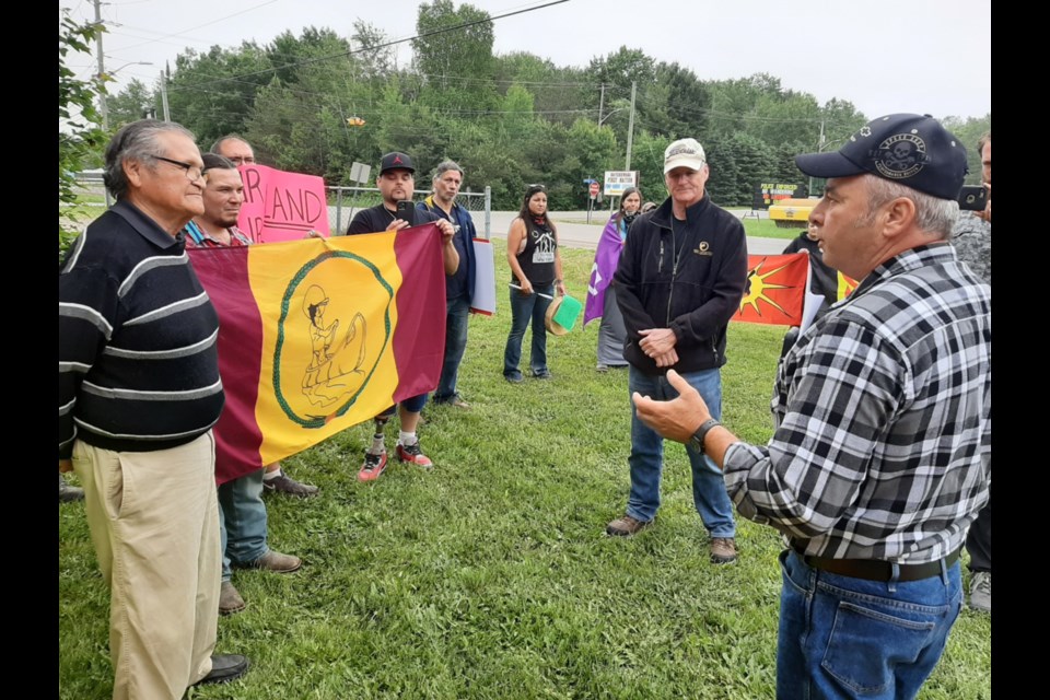 Cannabis dispensers and supporters held a peaceful rally in which they spoke to police about concerns they have for their businesses in Batchewana First Nation, June 21, 2020. Darren Taylor/SooToday