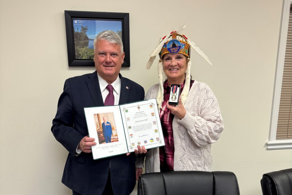 Garden River First Nation Chief Karen Bell was presented the King Charles III's Coronation Medal by local Liberal incumbent Terry Sheehan during a private ceremony held March 31.  