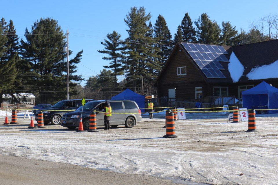 Intake lanes for the curbside COVID-19 vaccination clinic were set up at Garden River Community Centre. 