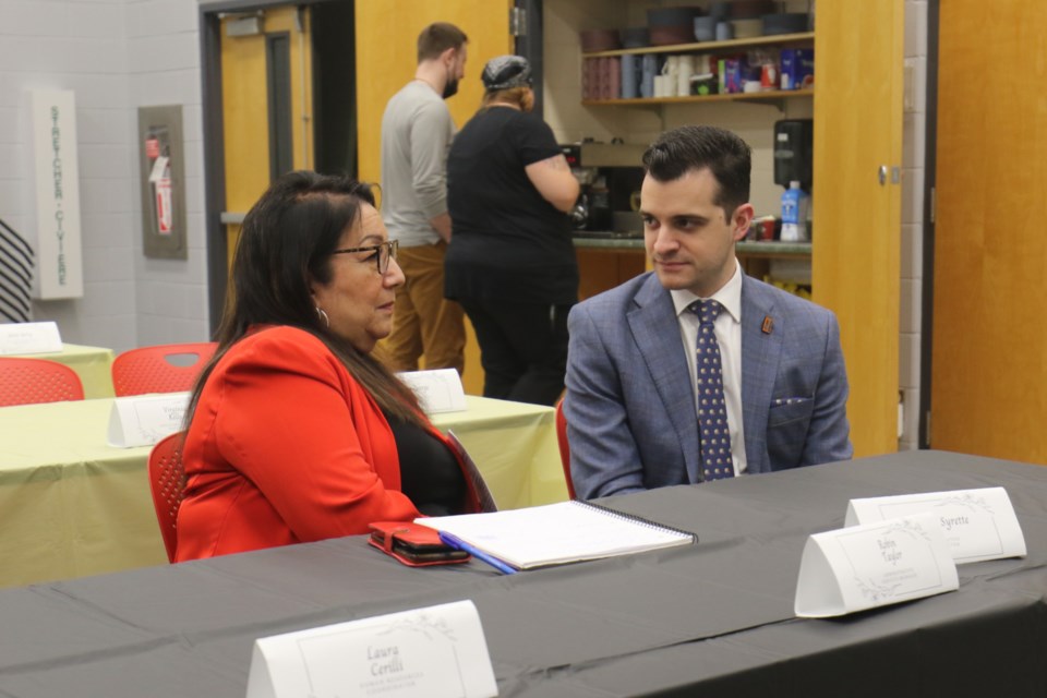 Sault Ste. Marie Indigenous Friendship Centre Executive Director Cathie Syrette, left, visits with Sault Ste. Marie Mayor Matthew Shoemaker during his appearance at the friendship centre Thursday. 