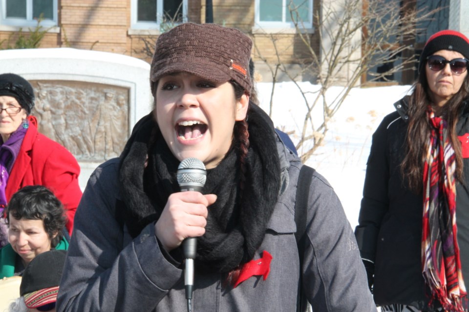 Caceila Trahan addresses an audience outside the Sault Ste. Marie Courthouse at the 11th Annual Memorial March for Missing and Murdered Indigenous Women and Girls, Feb. 14, 2018. Darren Taylor/SooToday