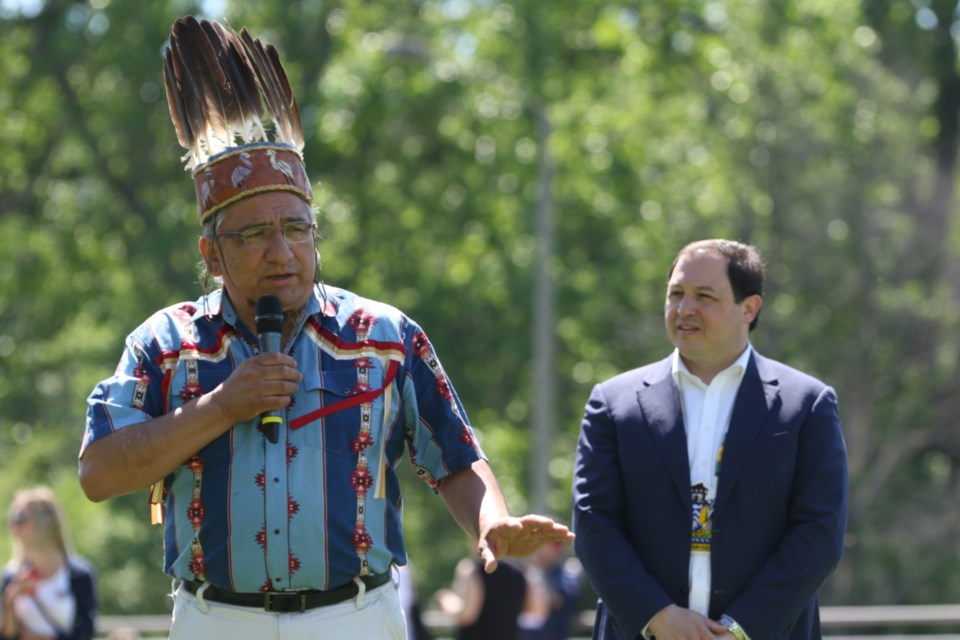Batchewana First Nation Chief Dean Sayers, left, offers welcoming remarks during National Anishinaabe Day festivities while Mayor Christian Provenzano looks on. James Hopkin/SooToday