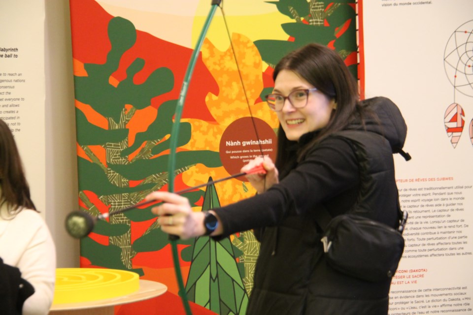The public enjoyed interactive displays at the official opening of the Anishinaabewin Maamninendimowin: Pane Gii-Bite, or Indigenous Ingenuity: Timeless Inventions exhibit at Shingwauk Kinoomaage Gamig, Jan. 20, 2023.