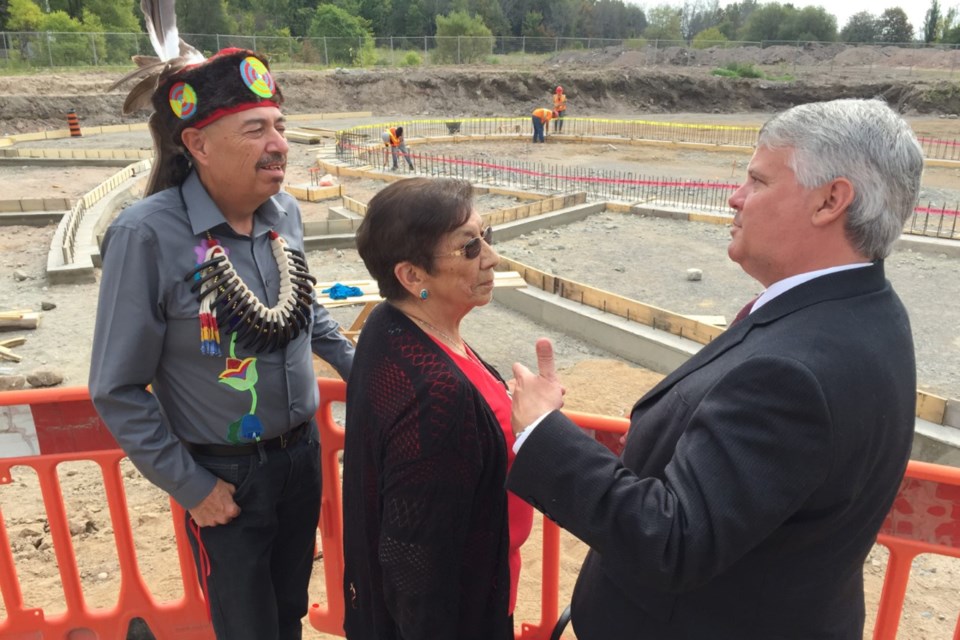 Darrell Boissoneau, Shirley Roach and Sault MP Terry Sheehan at funding announcement for Anishinabek Discovery Centre on Sept. 15, 2017. David Helwig/SooToday