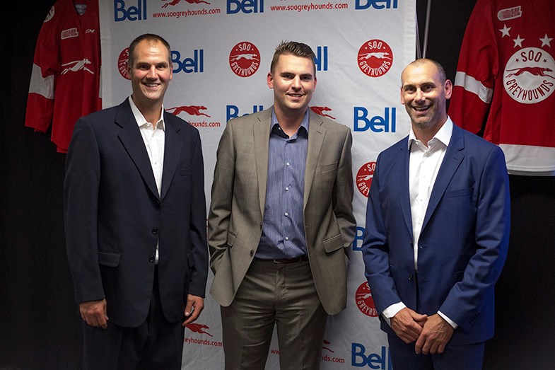 L-R Newly-hired assistant coach Donald Maclean, GM Kyle Raftis and head coach Drew Bannister seen during a Soo Greyhounds press conference on July 29, 2015 at the Essar Centre in Sault Ste. Marie, Ont. Kenneth Armstrong/SooToday