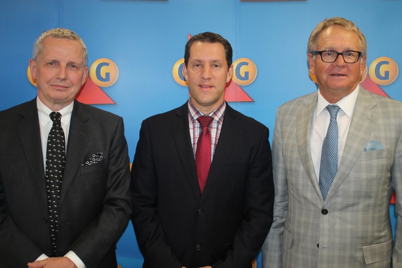 OLG President and CEO Stephen Rigby, Sault MPP David Orazietti and OLG board of directors chair  Philip Olsson, August 27, 2015. Darren Taylor/SooToday