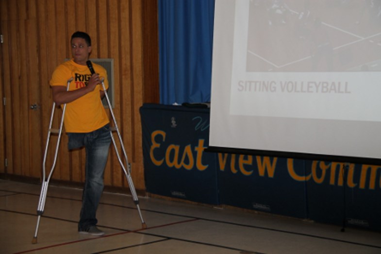 Chris Bird, ambassador athlete for Right to Play at East View Public School, October 9, 2015.  Darren Taylor/SooToday