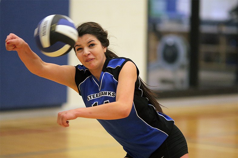 Superior Heights player Leah Policicchio attempts to bump during the NOSSA senior girls volleyball final on February 19, 2015 at Superior Heights Secondary School in Sault Ste. Marie. Kenneth Armstrong/SooToday