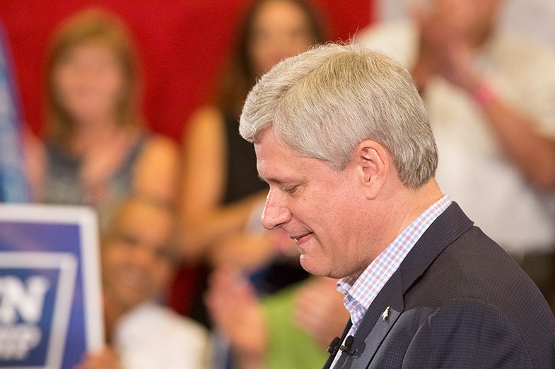 Prime Minister Stephen Harper seen speaking at a campaign event at Algoma's Water Tower Inn in Sault Ste. Marie, Ontario on September 1, 2015. Kenneth Armstrong/SooToday