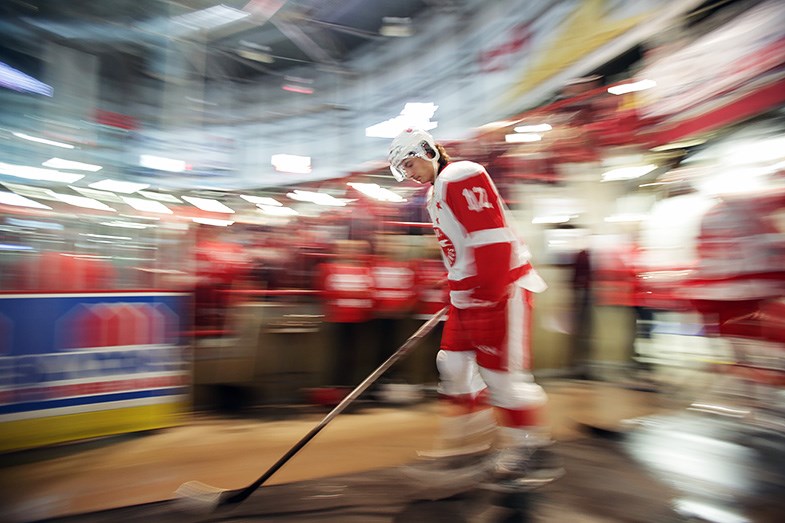 Soo Greyhound forward Boris Katchouk makes his way on to the ice surface immediately prior to a game at the Essar Centre on September 25, 2015 against the Windsor Spitfires. Kenneth Armstrong/SooToday