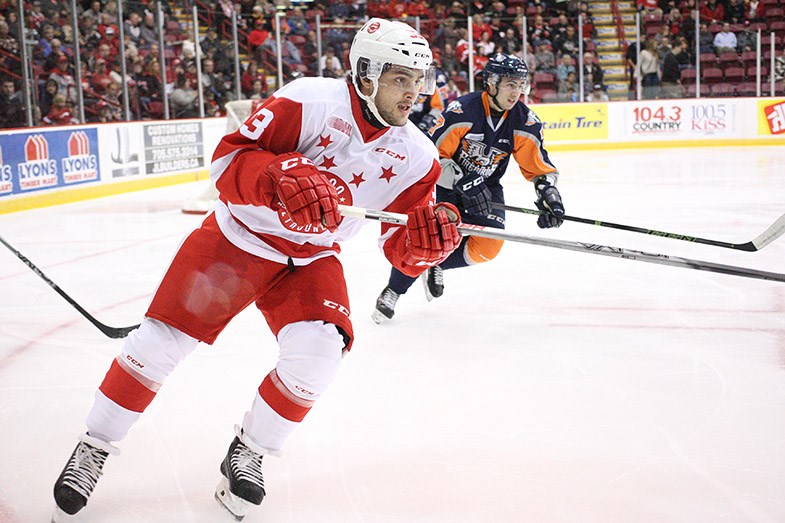 Soo Greyhounds forward Gabe Guertler seen tonight during a game against the visiting Flint Firebirds. Kenneth Armstrong/SooToday