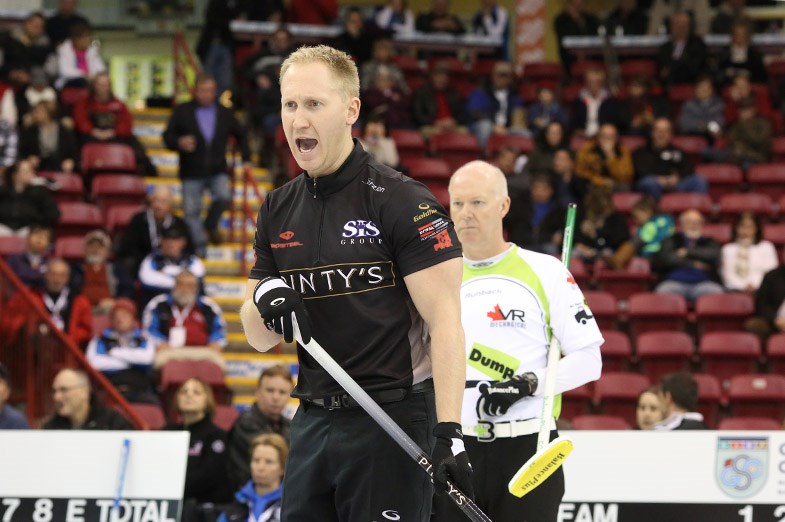 Skip Brad Jacobs calls to teammates during draw 5 against Team Howard on November 20, 2014 at the Essar Centre. Kenneth Armstrong/SooToday