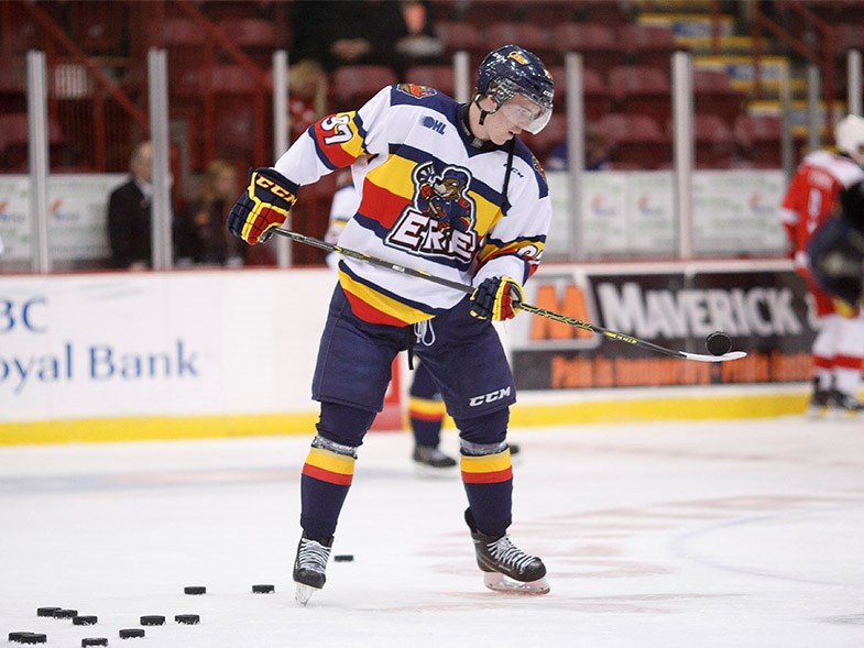 Erie Otters forward Connor McDavid seen during warm-ups immediately prior to a game against the Soo Greyhounds at the Essar Centre in Sault Ste. Marie on October 24, 2014. McDavid scored an empty-net goal in the final seconds of the Otters 6-4 win over the Greyhounds.Kenneth Armstrong/SooToday