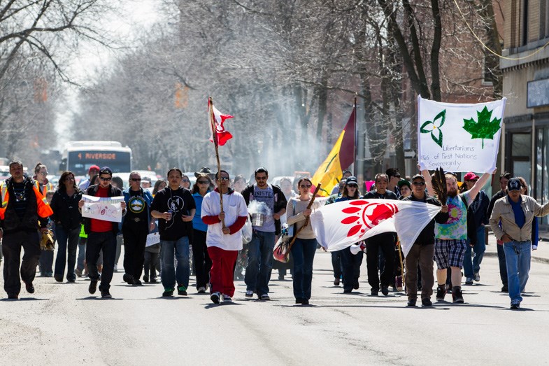 Dozens marched along Queen Street to the Sault Ste. Marie Court House on National Day of Resistance, Wednesday, May 14, 2014. The rally was to raise awareness of the First Nations Control of First Nations Education Act , missing and murdered Indigenous women, and the Contraband Tobacco Act.