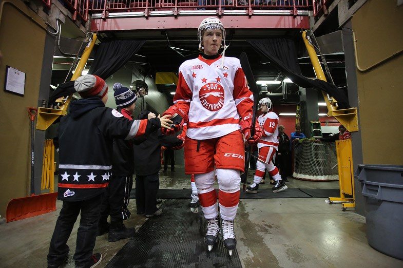 Soo Greyhounds forward Blake Speers immediately prior to a game against the visiting Plymouth Whalers at the Essar Centre on December 10, 2014. Kenneth Armstrong/SooToday