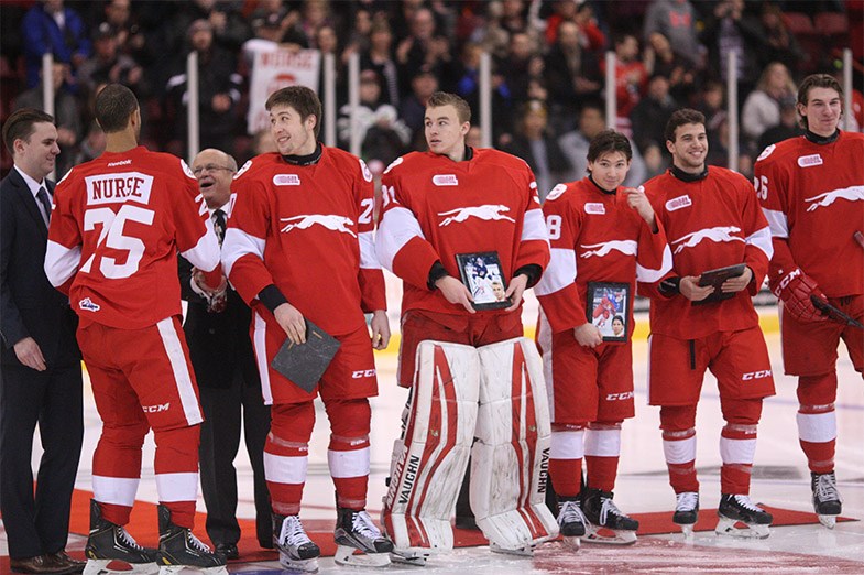 Soo Greyhounds players who played in the recent World Juniors tournament were recognized immediately before a game at the Essar Centre on January 14, 2015. Kenneth Armstrong/SooToday