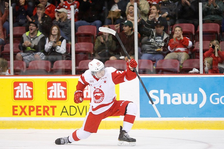 Soo Greyhounds forward Sergey Tolchinsky celebrates his 1st period goal against the visiting Saginaw Spirit on October 1, 2014 at the Essar Centre in Sault Ste Marie. Kenneth Armstrong/SooToday