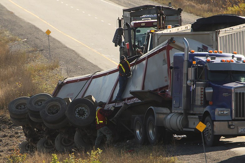 Overturned transport on Highway 17 near Sault Ste. Marie on October 25, 2014. PHOTO/Kenneth Armstrong