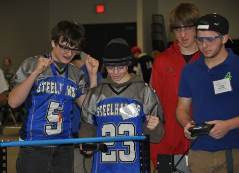Members of the Steelhawks’ and Hornepayne’s robotics team compete in qualifying round