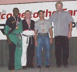 <b>+35 Men's Continuous Sparring participants (from left) John Laroda, John Reid and Mike Kwan.</b>