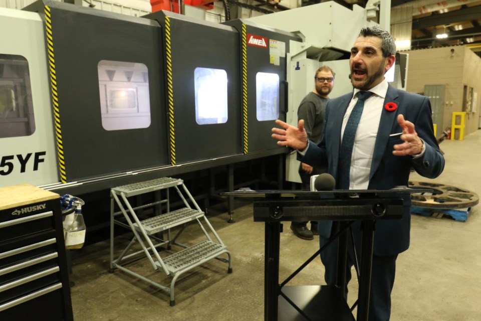 Sault Ste. Marie MPP Ross Romano  was at SIS Manufacturing Corp. headquarters Friday to formally announce more than $500,000 in NOHFC funding for the acquisition of a CNC machine (pictured). James Hopkin/SooToday 