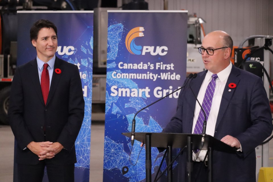 Prime Minister Justin Trudeau and PUC Services president Robert Brewer joined dozens of workers and families at PUC headquarters for the launch of the Sault Smart Grid on Nov. 10, 2023.