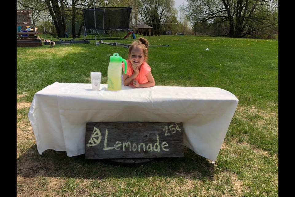 Five year old Ainslee Medaglia set up a lemonade stand outside her home on Victoria Day, raising money to buy toys for children in SAH’s Paediatrics and Neonatal Intensive Care Unit (NICU). Photo supplied by Kirsti Medaglia