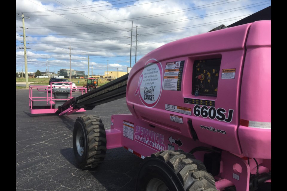Service Rentals & Sales new 60 foot pink man lift, designed to raise breast cancer awareness and funds, September 25, 2018. Photo supplied by Service Rentals & Sales