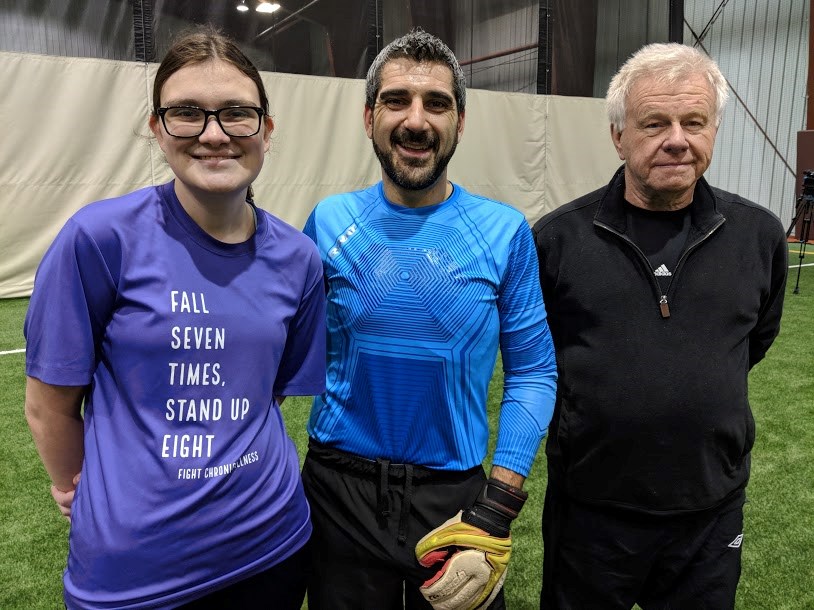 Emily Wilkinson with Sault MPP Ross Romano and her grandfather Clive Wilkinson, a well known local soccer figure, at an event to raise awareness for dysautonomia, Nov. 7, 2018. Darren Taylor/SooToday  
