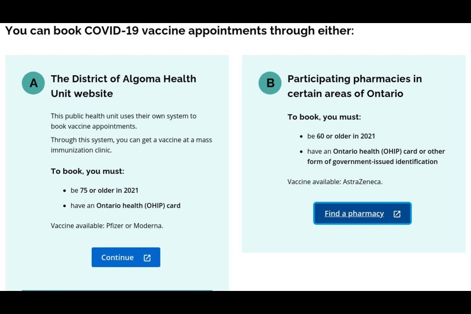 The provincial COVID-19 vaccination booking site claims those 75+ can book their vaccines through Algoma Public Health, but that is apparently not the case